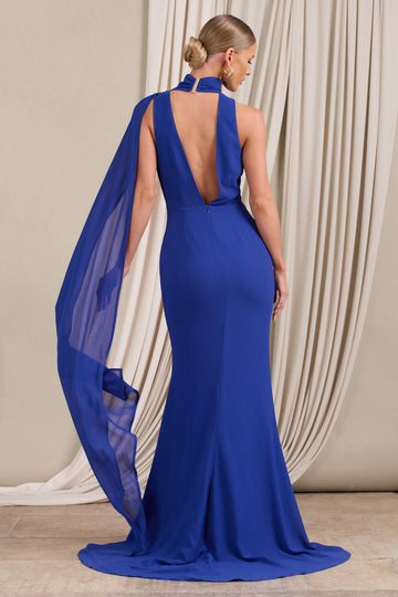 Whimsical Blue Chiffon Plunge Fishtail Maxi Dress With Scarf Design